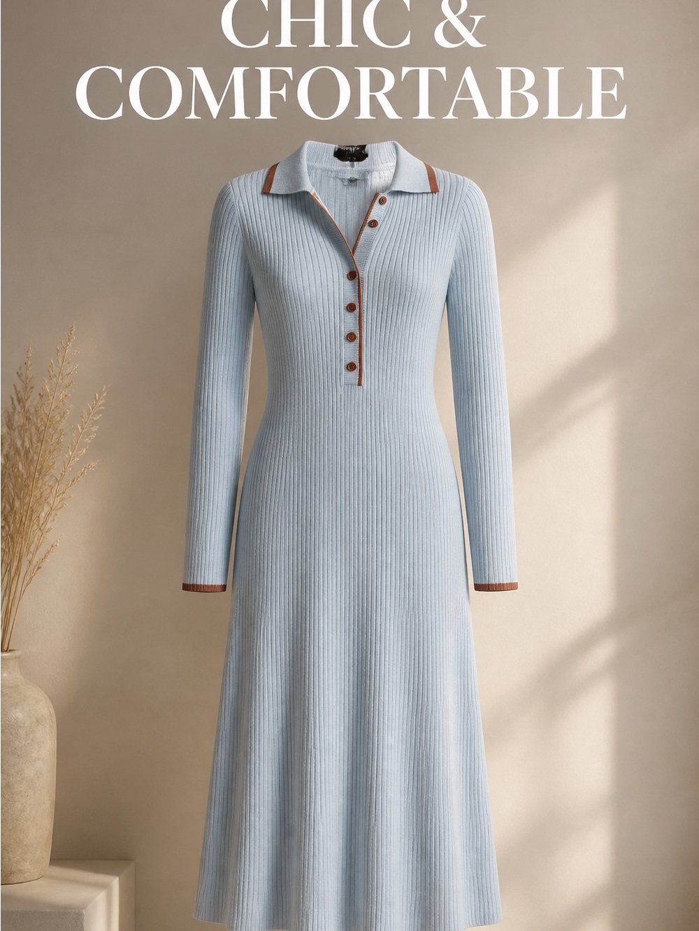 Light Blue Ribbed Polo Maxi Dress with Contrast Trim